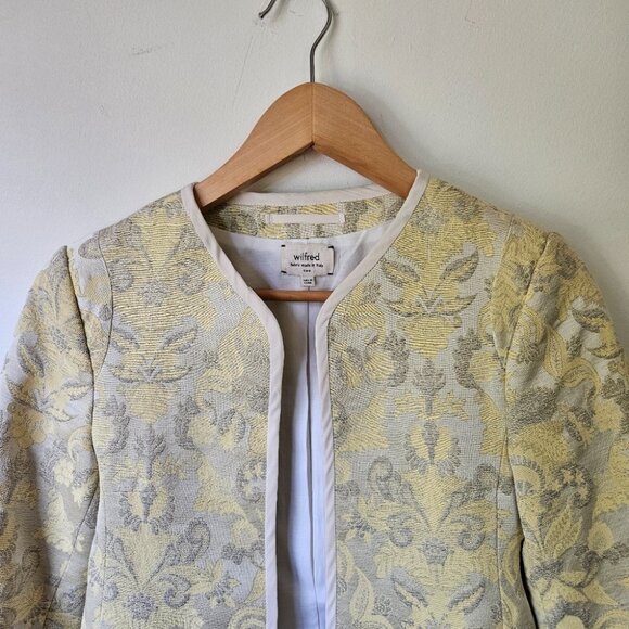 Aritzia Wilfred 'Festin' Brocade Jaquard Blazer Jacket Sz 2 Open Front Yellow - Picture 3 of 13
